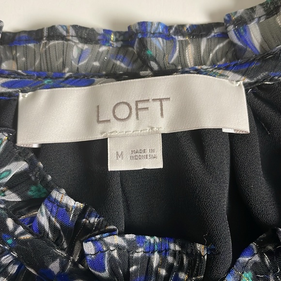 Loft Black-Blue-Green-Gray Flower Print Lined Sheer Long Sleeve Tunic- Medium - Picture 9 of 16